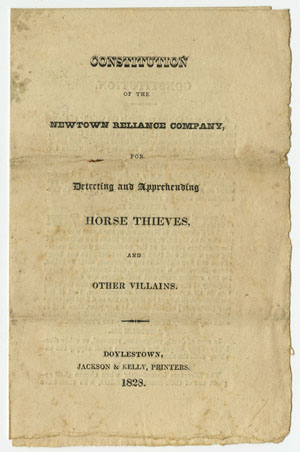 Richland Company for the Detection of Horse Thieves. Constitution and Bye-Laws. Doylestown, Pa.: Miner’s Press, [1806].